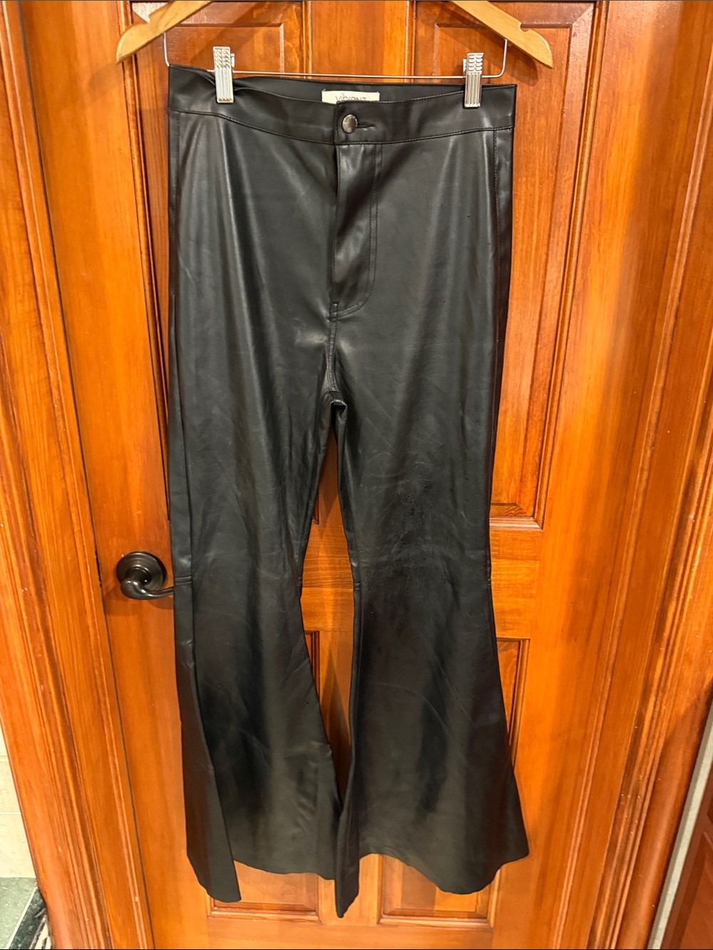 Vibrant Black Faux Leather Boot Cut Pants